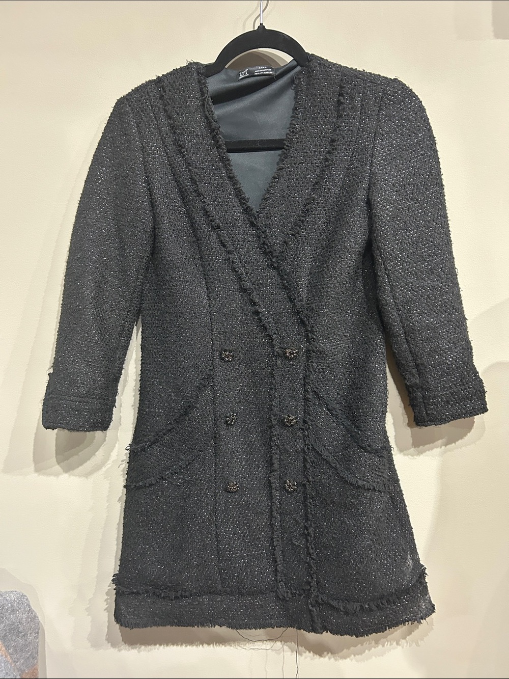 Zara Black Tweed Double-Breasted Long Pea Coat